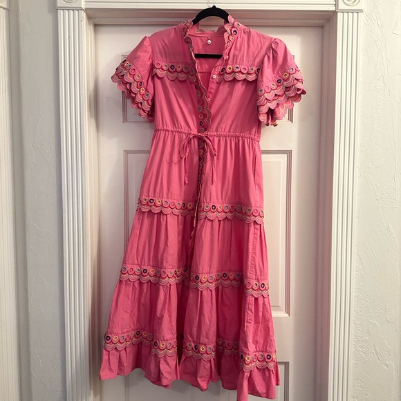 CeliaB Alvis Embroidered Scalloped Midi Dress Fuschia Pink - Tuckernuck - Picture 3 of 5